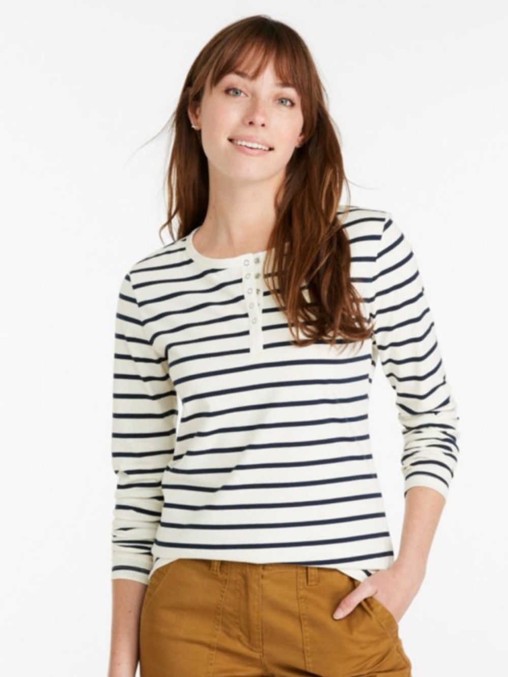 L.L. Bean Signature Rangely Cotton Henley Tee XL Striped Navy Cream Long Sleeve